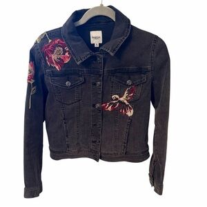 Kenzie Jeans Women’s M Black Washed Denim Jacket Embroidered Appliqué Stretch